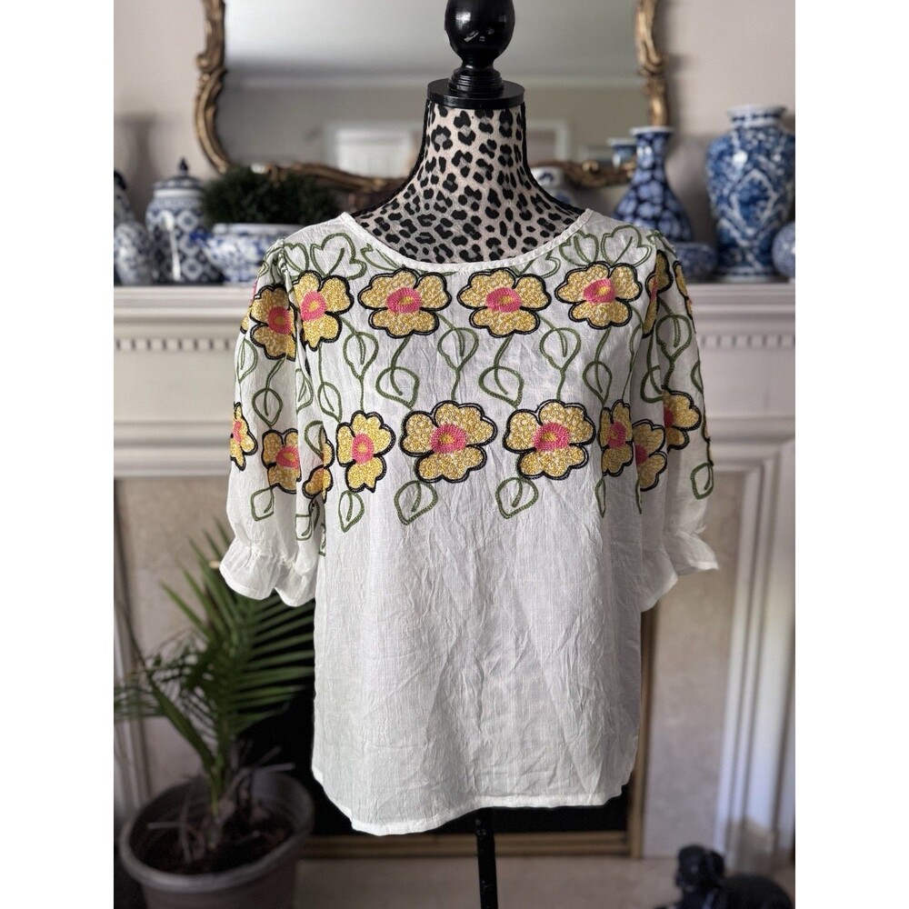 Ana & Rose Anthropologie Yellow Blouse Women's Floral Embroidery Medium READ